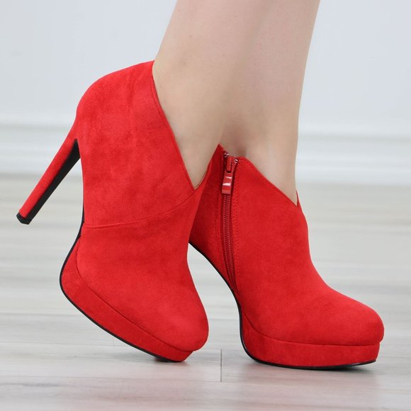 Shoes - Red Platform Ankle Boots High Heel Stilettos Faux Suede